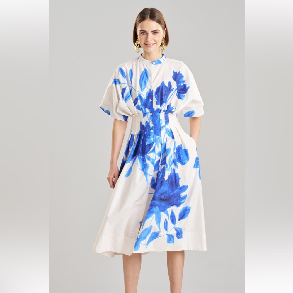 Natori Andora Printed Cotton Poplin Pleated Dress, Size 14
